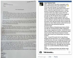 Isi surat somasi dari Ebenezer Pinem (kiri) dan Isi komentar akun FB Viator Bastanta Purba (kanan) . MTD/Int