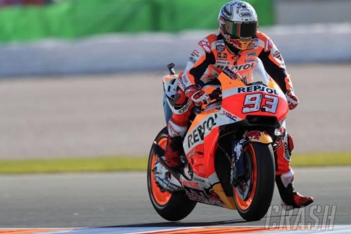 Pebalap Repsol Honda Marc Marquez menjadi yang tercepat saat sesi latihan bebas ketiga atau free practice 3 GP Valencia di Sirkuti Ricardo Tormo, Sabtu (11/11/2017).(Crash.net)