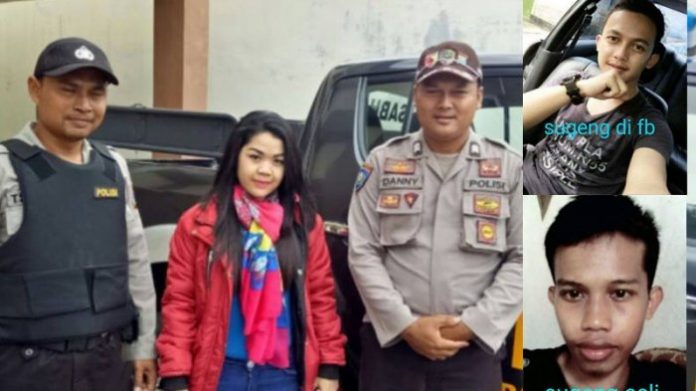 Syakila dibantu petugas polisi. (Insert: Foto Sugeng palsu dan yang asli).